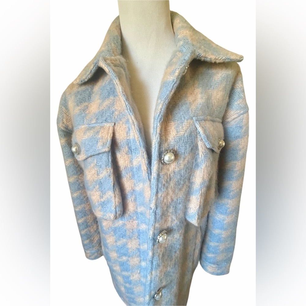 Missguided Blue Pink Houndstooth Shacket Pearl Button Oversized Coat Small View 4